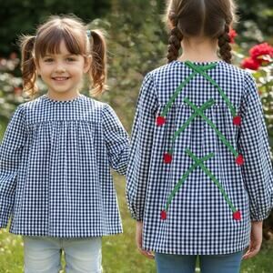 Bella Bliss Blue and white Gingham shirt with Cherries Bows size 5 Cottage core